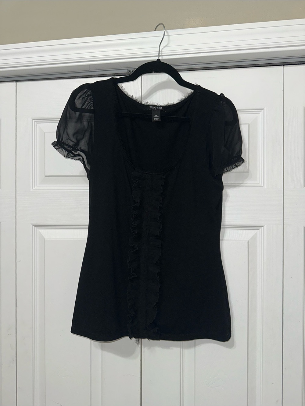 WHBM Black Ruffle Front Puff Sleeve Top